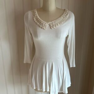 Cream Top with Embroidered Pearl Collar